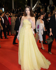 Beaded Yellow Halter Evening Dress with Gloves