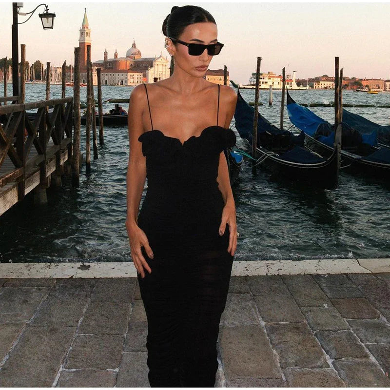 Sleeveless Black Ruffle Edge Bodycon Pleated Dress