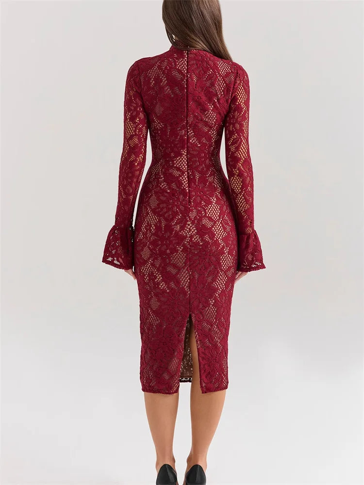 V-Neck Hollow Out Long Sleeve Black Lace Maxi Dress