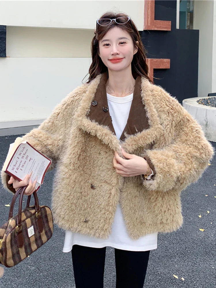 Lapel Full Sleeves Spliced Faux Leather Coat