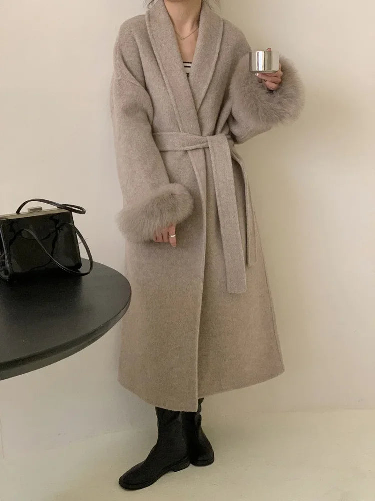 Lace-Up Fur Fluffy Lapel Long Sleeve Overcoat