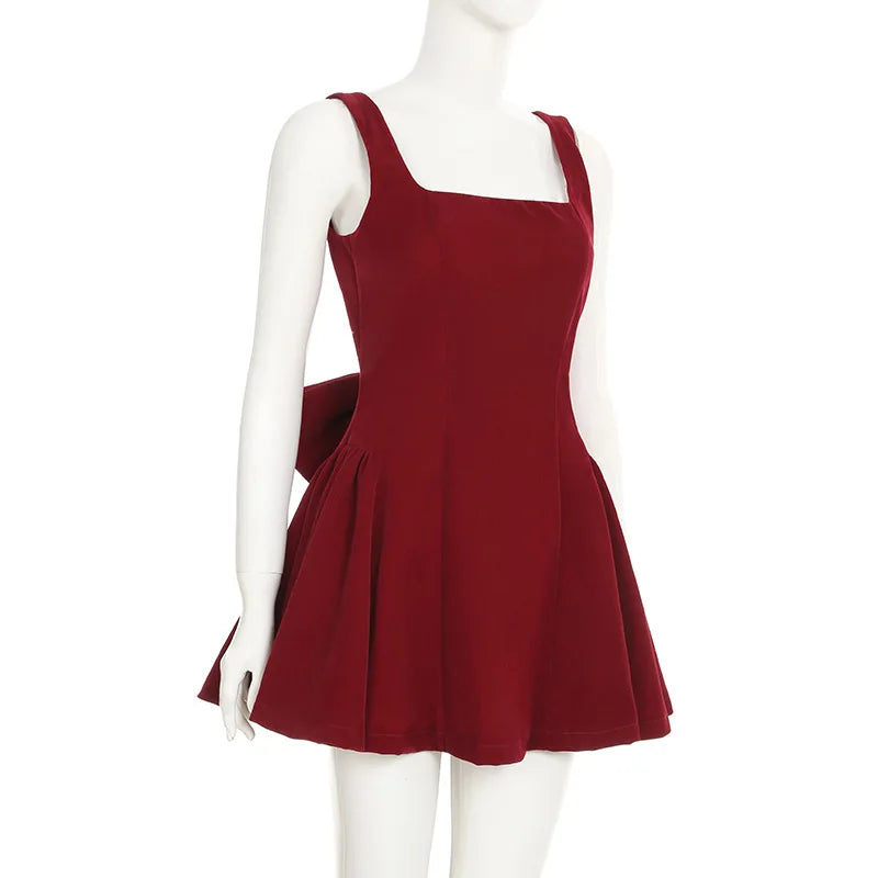 Red Bow Dress A Line Spaghetti Straps Backless