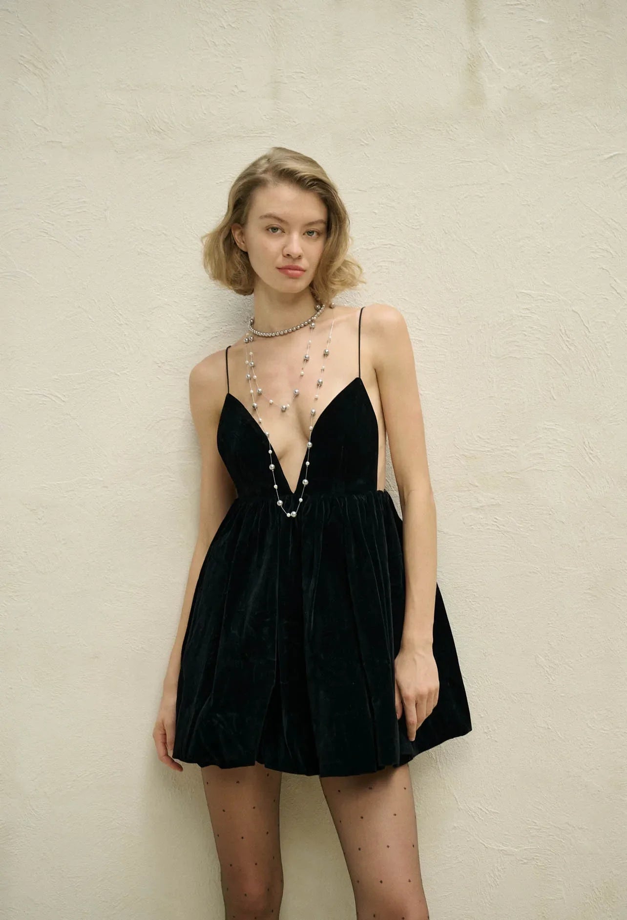 Velvet Deep V Neck Mini Lantern Dress