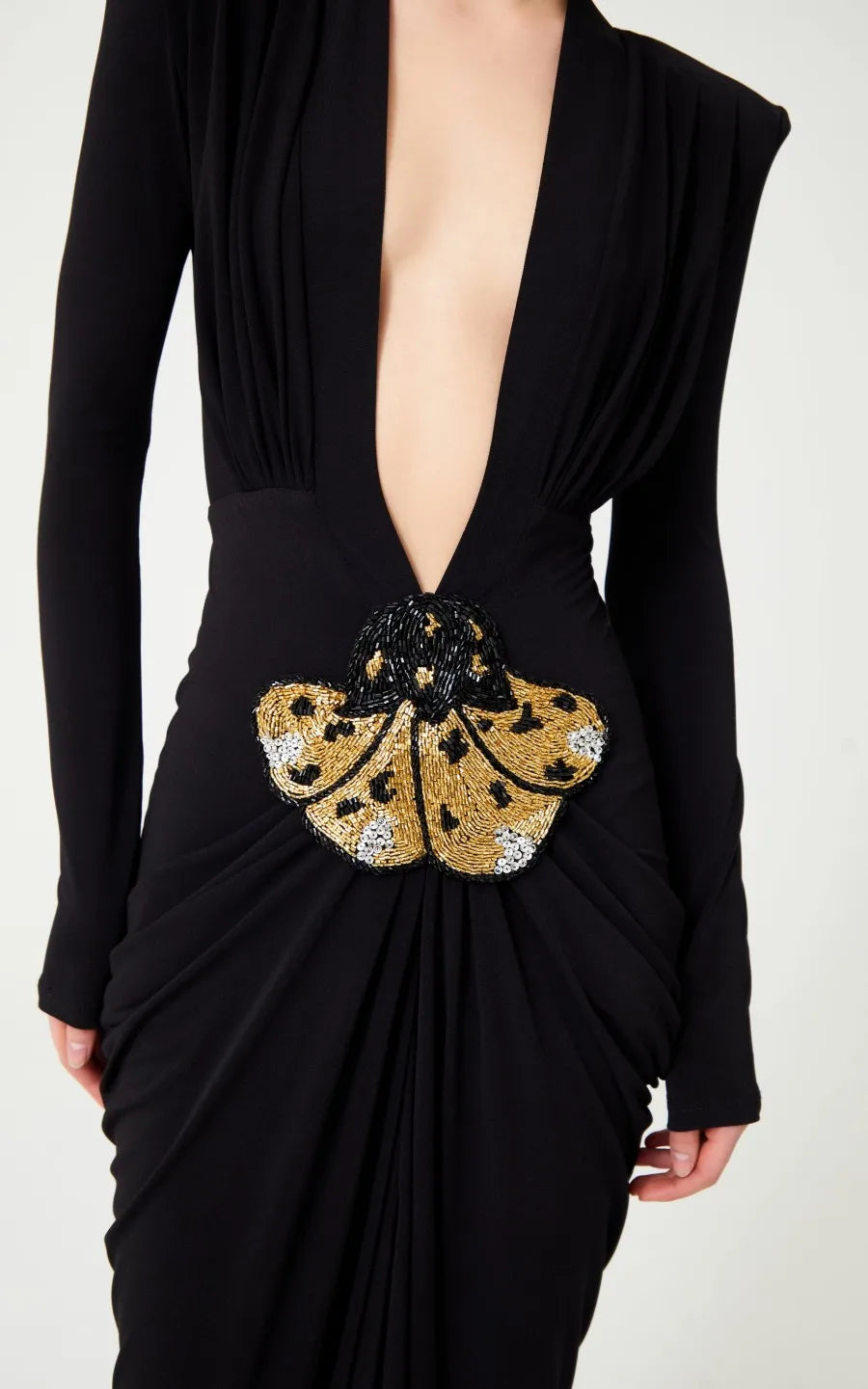 Deep V Neck Long Sleeves Black Maxi Dress  Party Gown