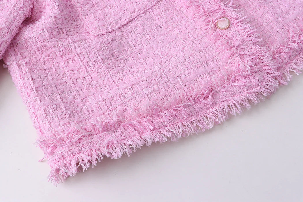 Pink Fringe Fur Shoulder Pad Tweed Blazer
