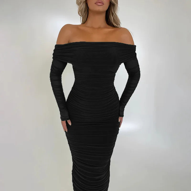 Off-shoulder Slash Neck Solid Maxi Dress