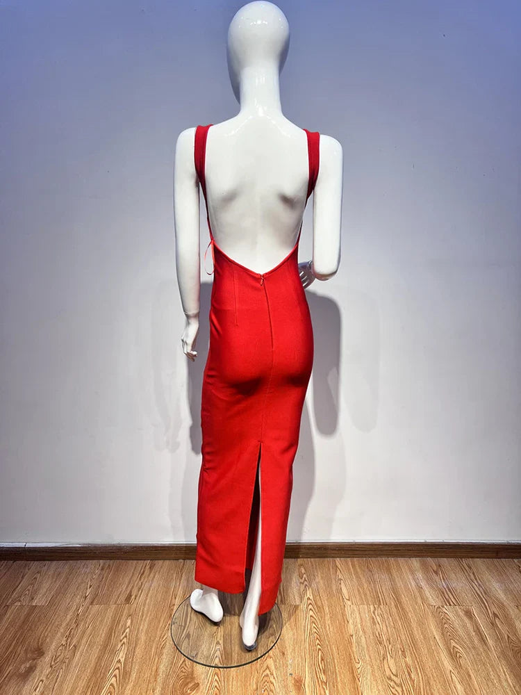 Deep V Neck Red Sleeveless Bodycon Long Dress