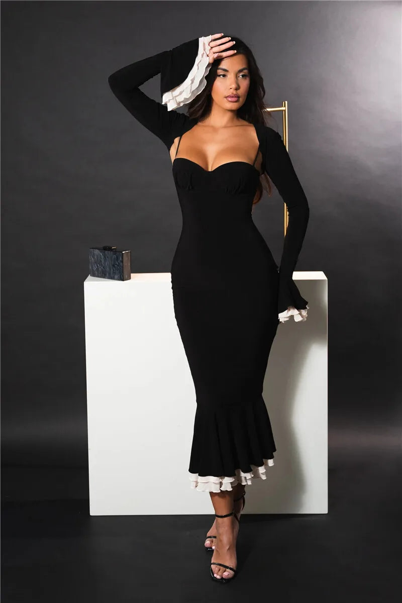 Patchwork Square Collar Evening Fishtail Dress