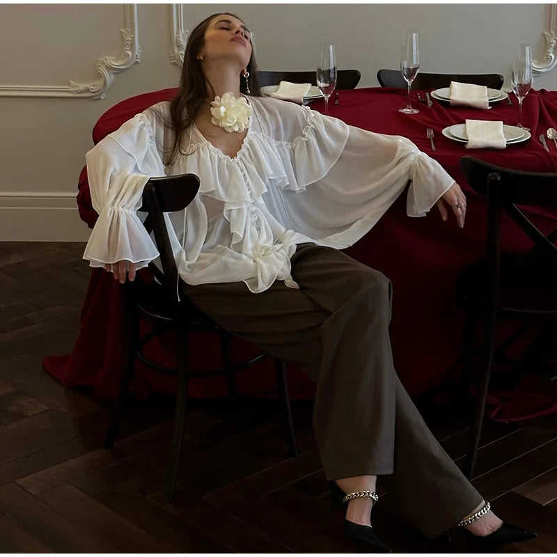 See Through Solid Long Sleeved Ruffles Tops