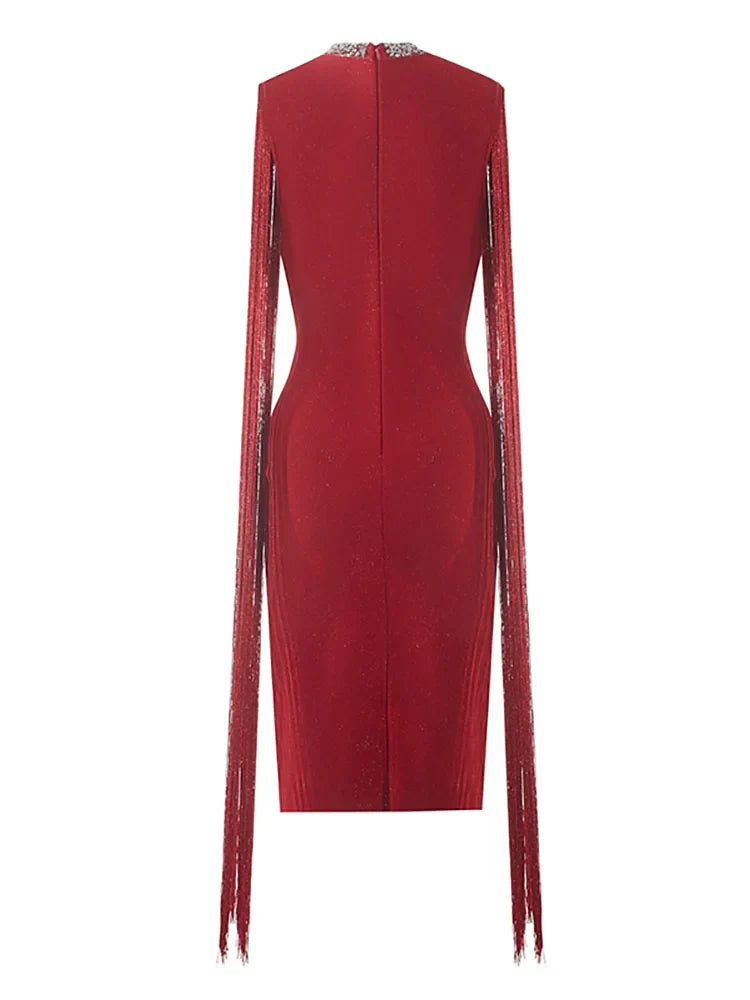 Fringe Sleeve Tassel Sequined Midi Dress