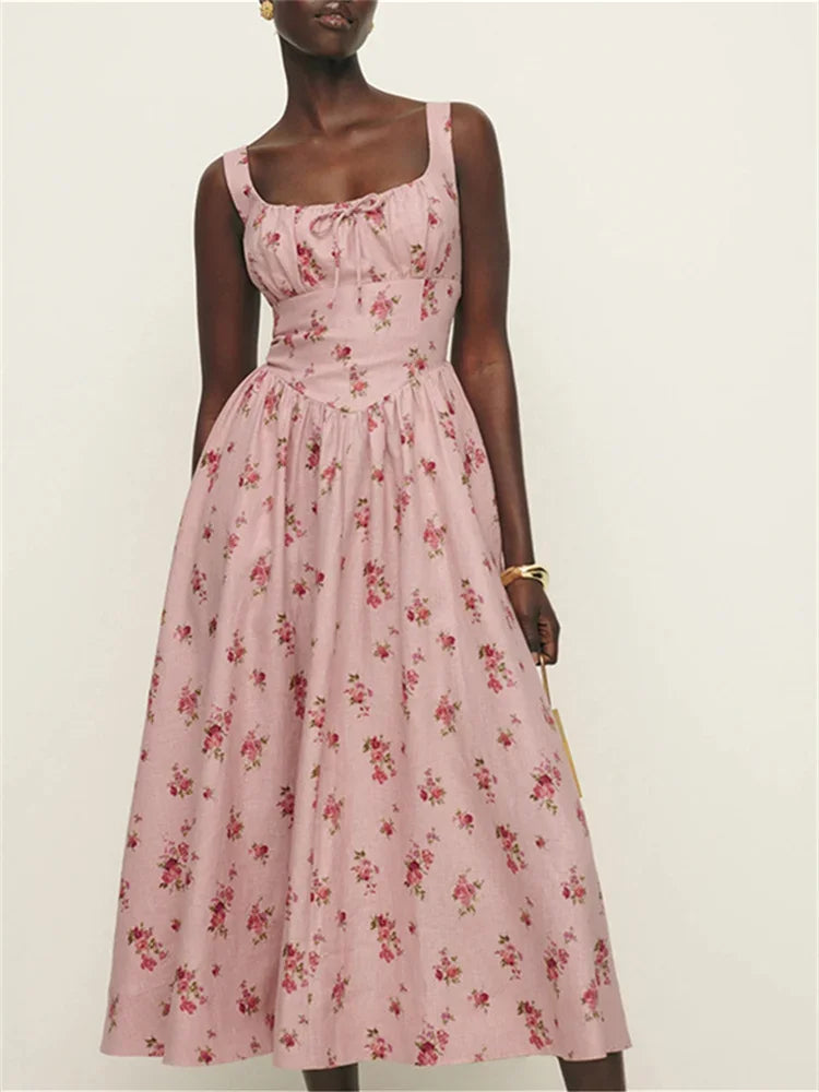 Floral Print Linen Square Collar Lace Up Mid Length Dress