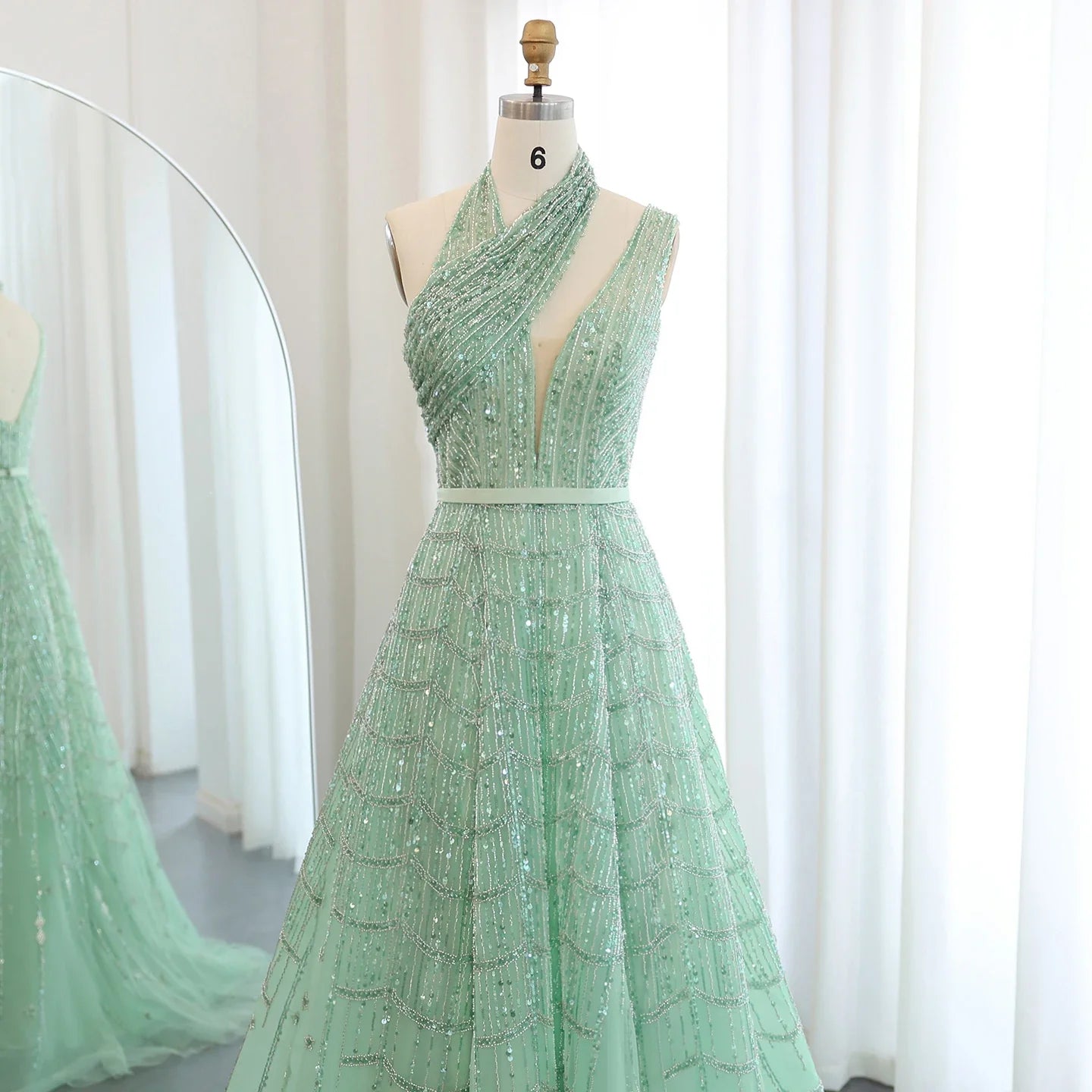 Beaded Lilac Halter Neck Evening Gown