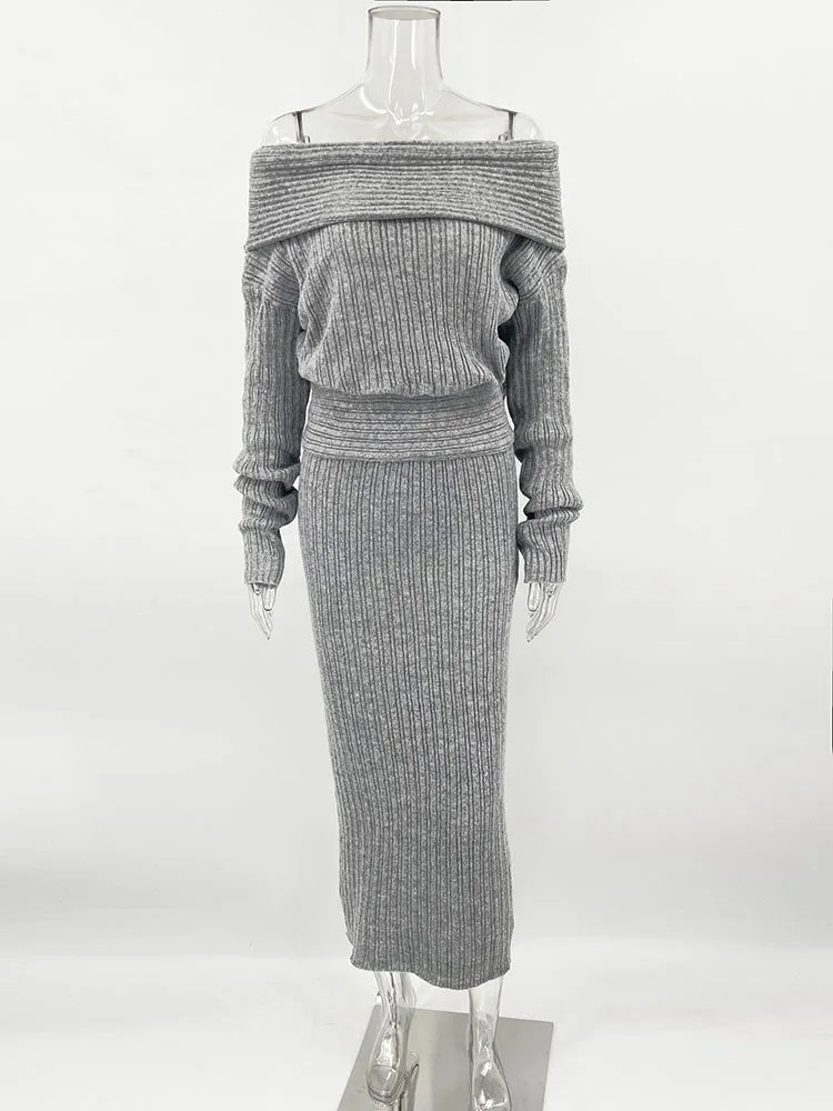 Knitted One-Shoulder Long Sleeves Sweater Skirt Suit