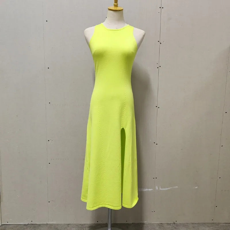 Knit Slit Solid High Waisted Vacation Dresses