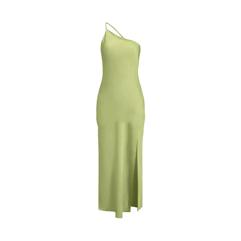 Backless Satin Slant Shoulder Solid Slit Long Dress