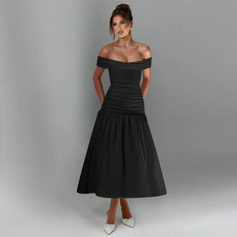 Slash Neck Off Shoulder Solid Dress