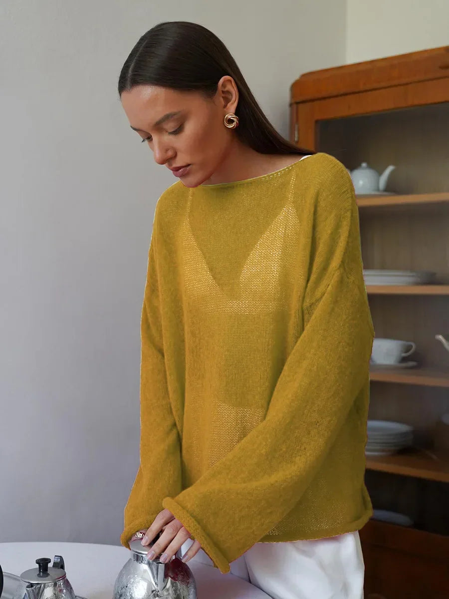 Hollow Solid See-through Long Sleeve Knitted Top