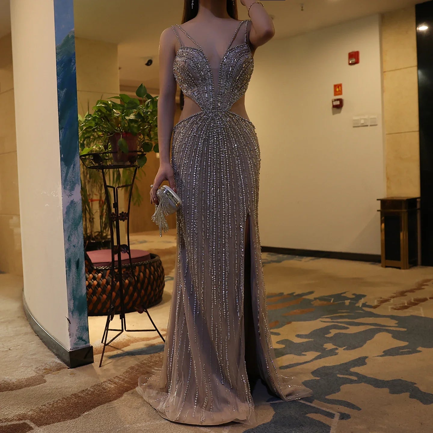 Blue Mermaid Evening Gown with High Slit