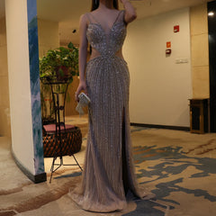 Blue Mermaid Evening Gown with High Slit