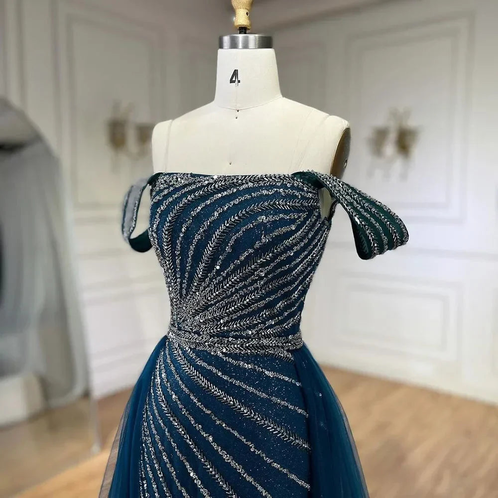 Boat Neck Split Mermaid Elegant Beaded Gowns