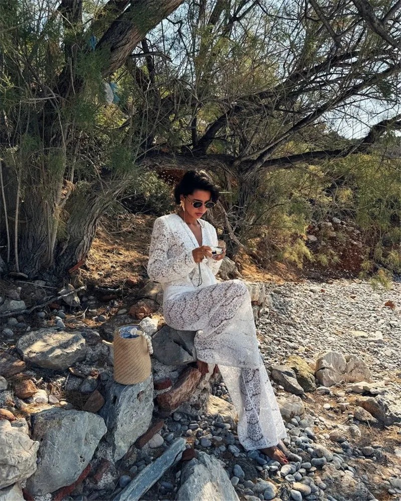 White Lace Two-Piece Loose Trouser Set