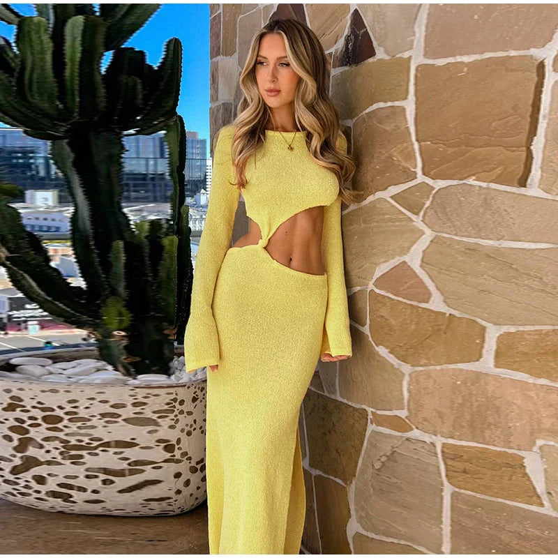 Knitted Hollow Out Solid O-neck Slit Maxi Dress