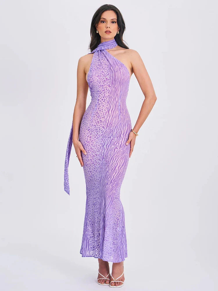 Purple Sheer Halter Draped Open Back Long Dress