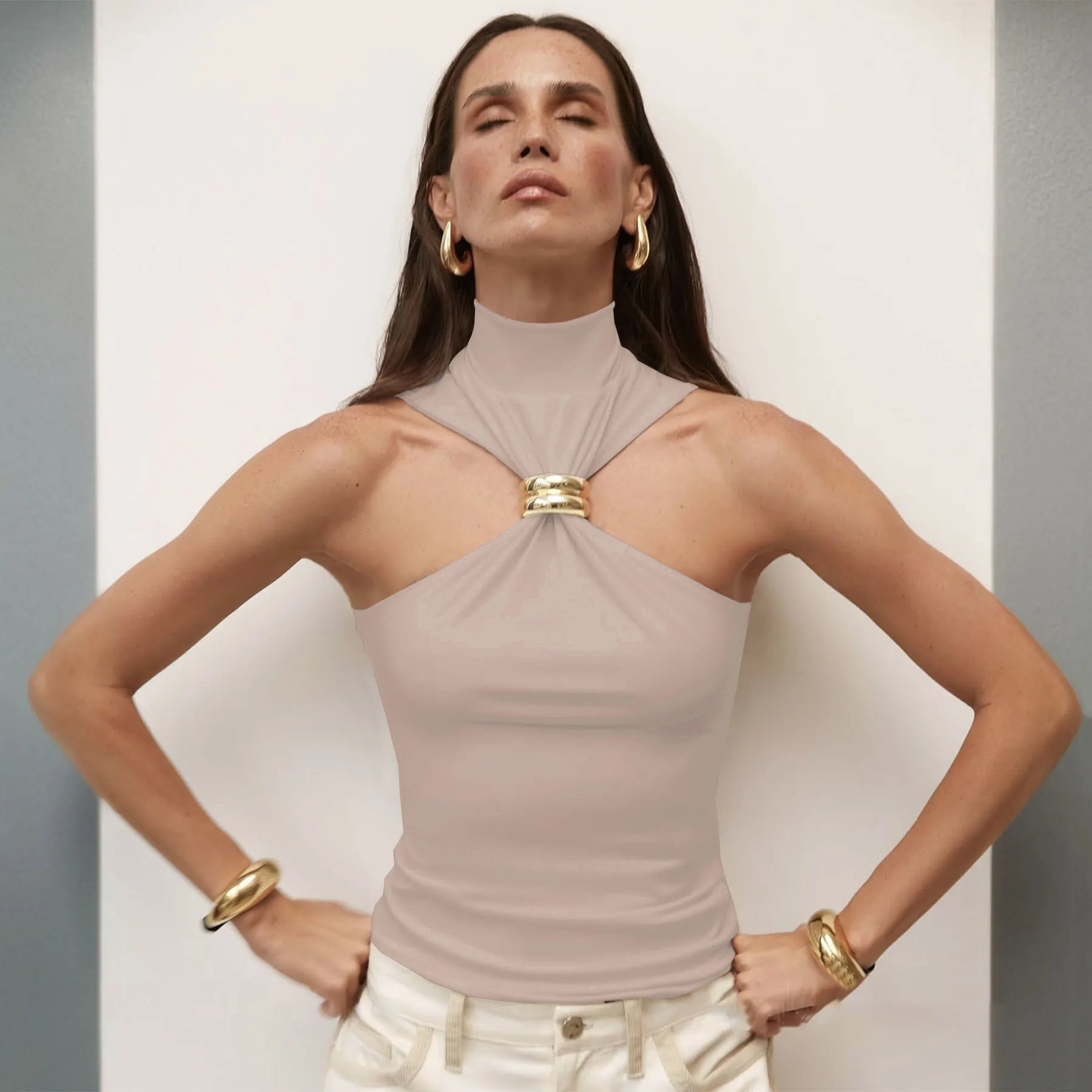 Turtleneck Metal Ring Knitted Tops