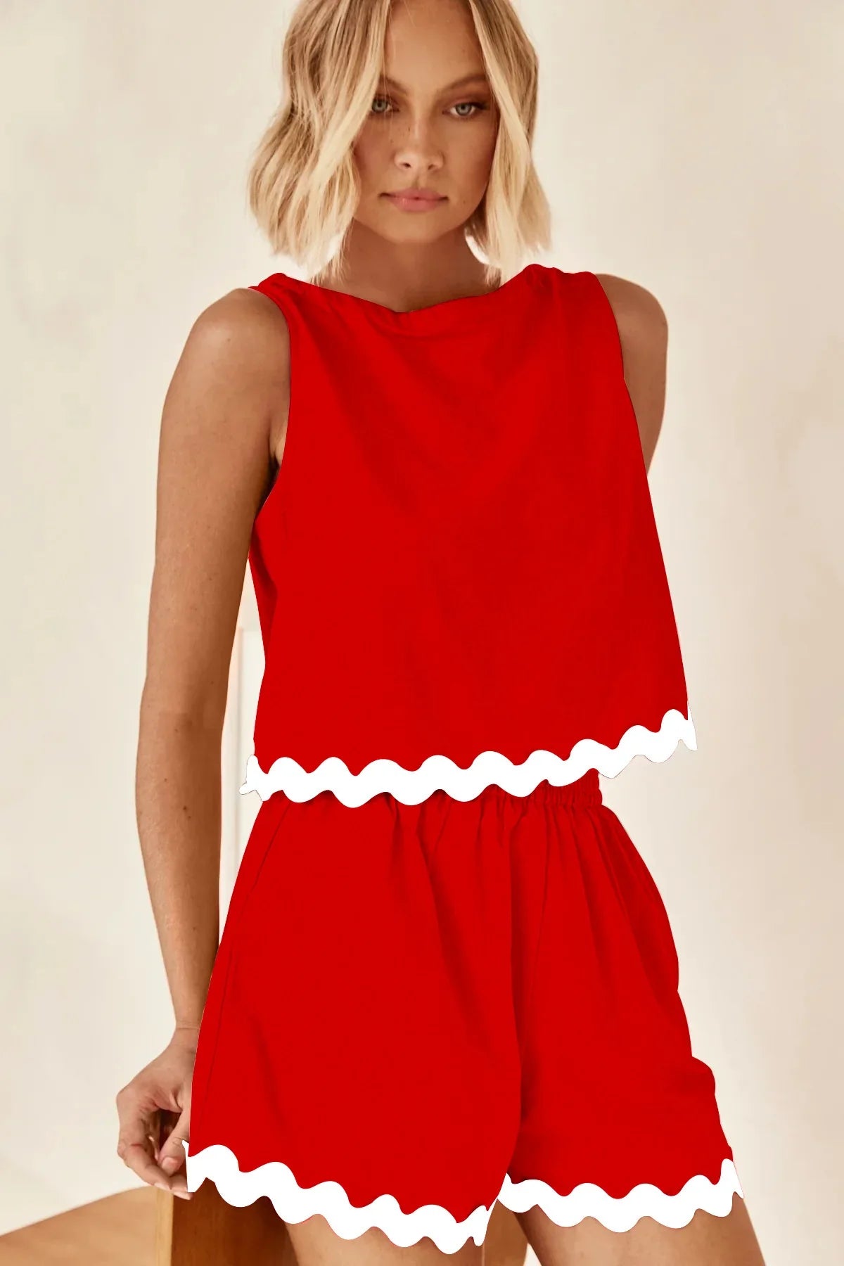 Wave Stripe Patchwork Tops High Waist Shorts Set