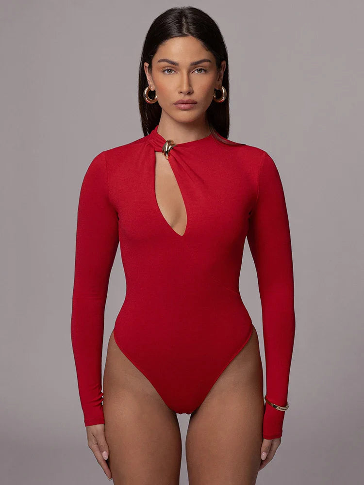 Metal Buckle Hollow Out Long Sleeve Bodysuit