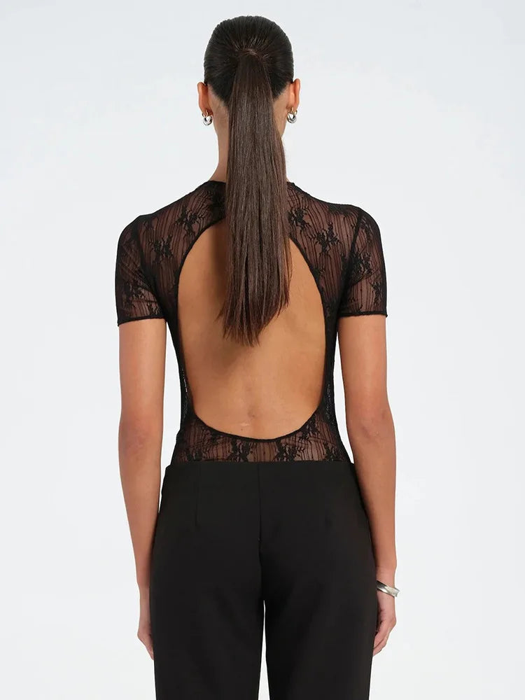 Sheer Lace Patchwork Bodysuit Top For Women