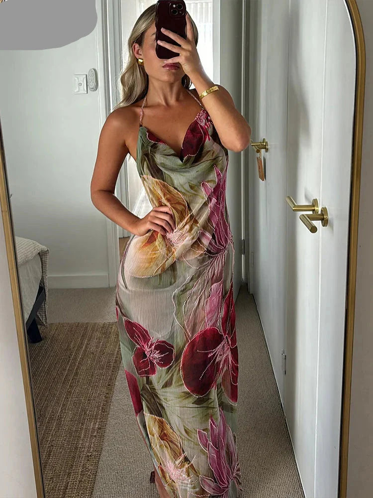 Floral Print Backless Halter Dress with Split for Women