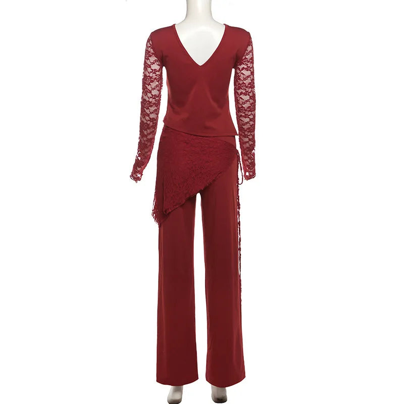 Patchwork Lace Long Sleeve Pant Suit