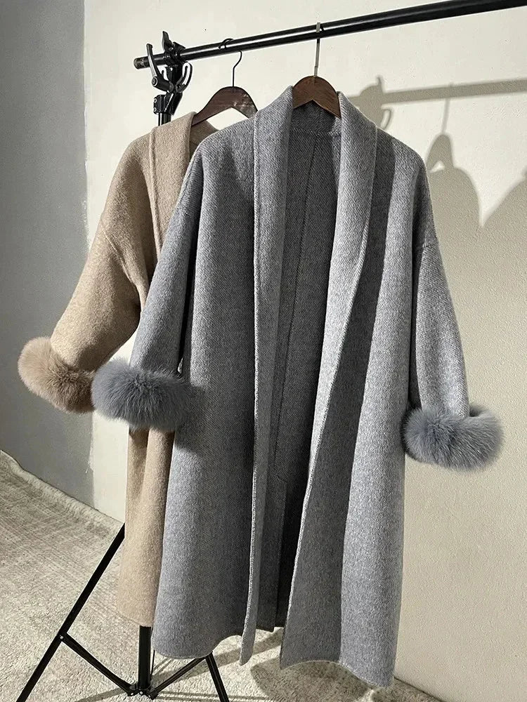 Lace-Up Fur Fluffy Lapel Long Sleeve Overcoat