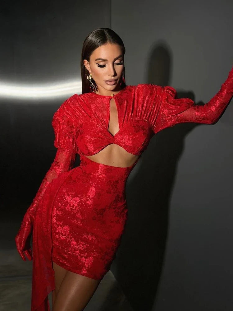 Gloves Long Sleeves Lace Floral Dress