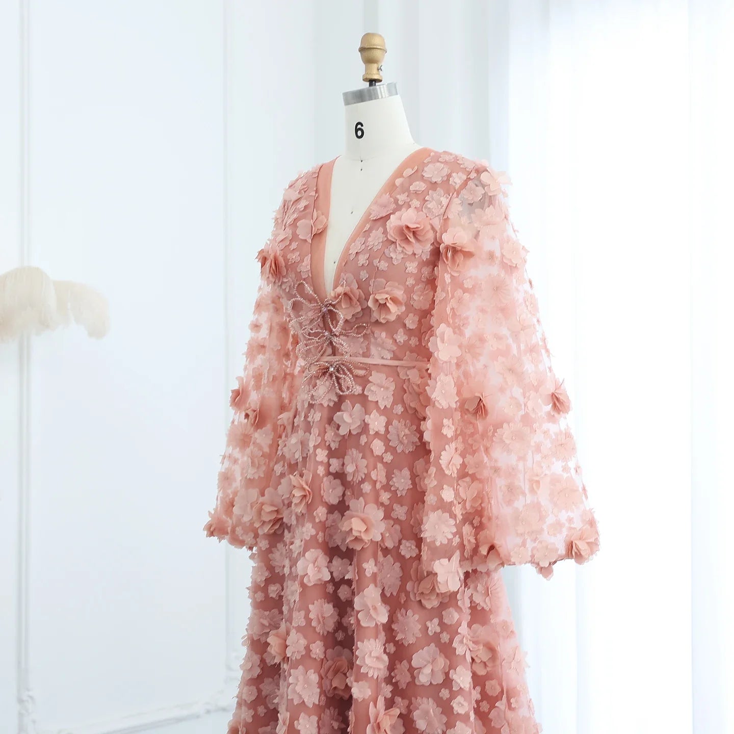 Blush Pink 3D Floral Evening Dress with Bell Sleeves