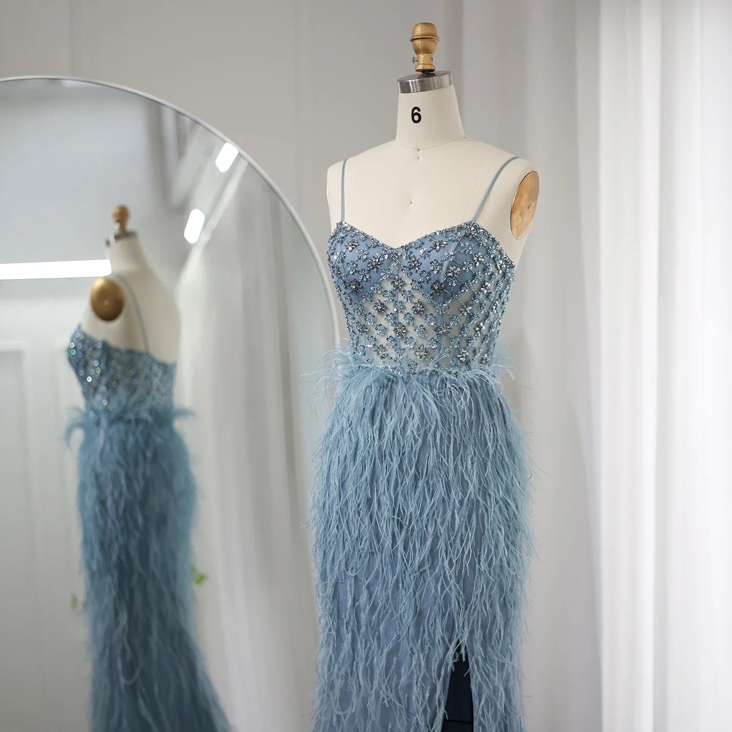 Feathers Spaghetti Straps Side Slit Prom Dress