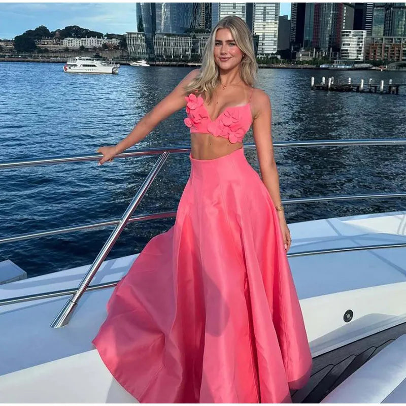 3D Flower Sling Crop Top and A-line Skirt Suit