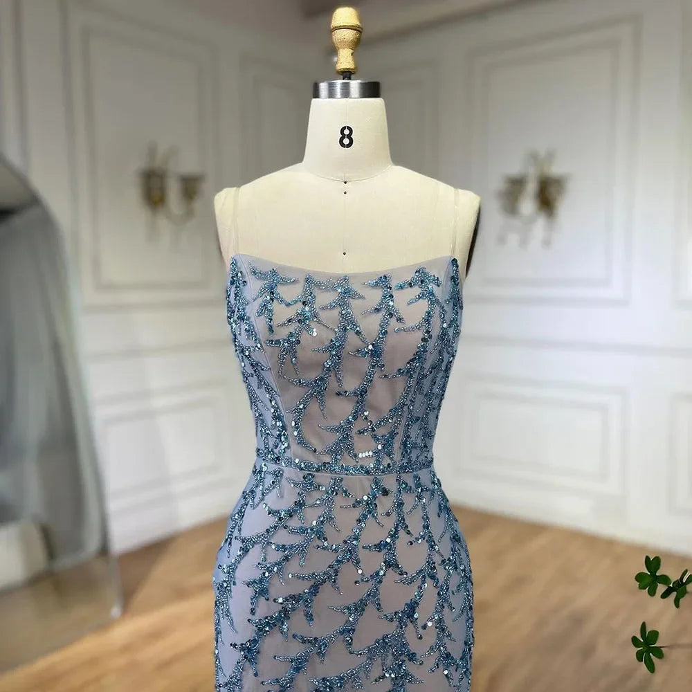 Spaghetti Strap Mermaid Feathers Beaded Prom Dress