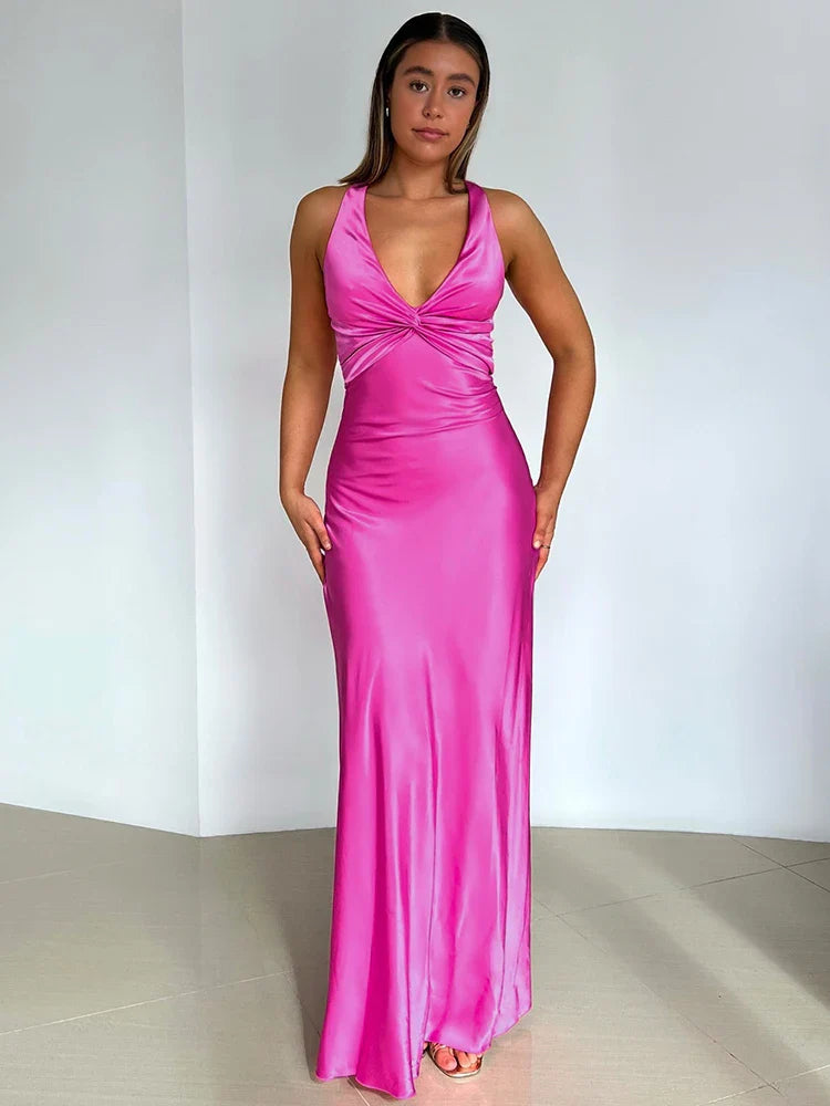 V Neck Sleeveless Satin Bow Backless Maxi Dress