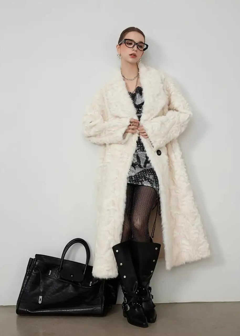 Large Lapel Shaggy Faux Fur Long Jacket