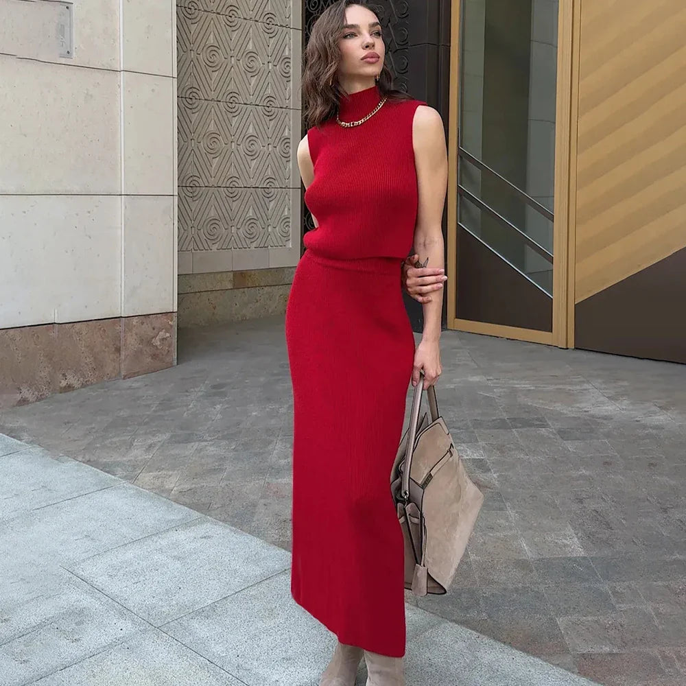 Solid Knit Sleeveless Top Long Skirt Set