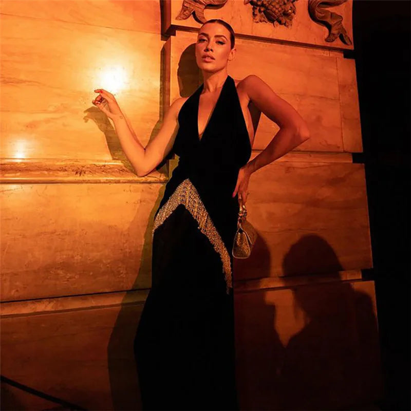 Strapless High Slit Tassel Maxi Dress