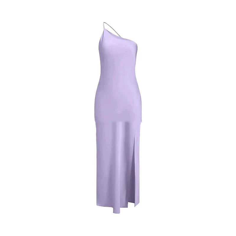 Backless Satin Slant Shoulder Solid Slit Long Dress