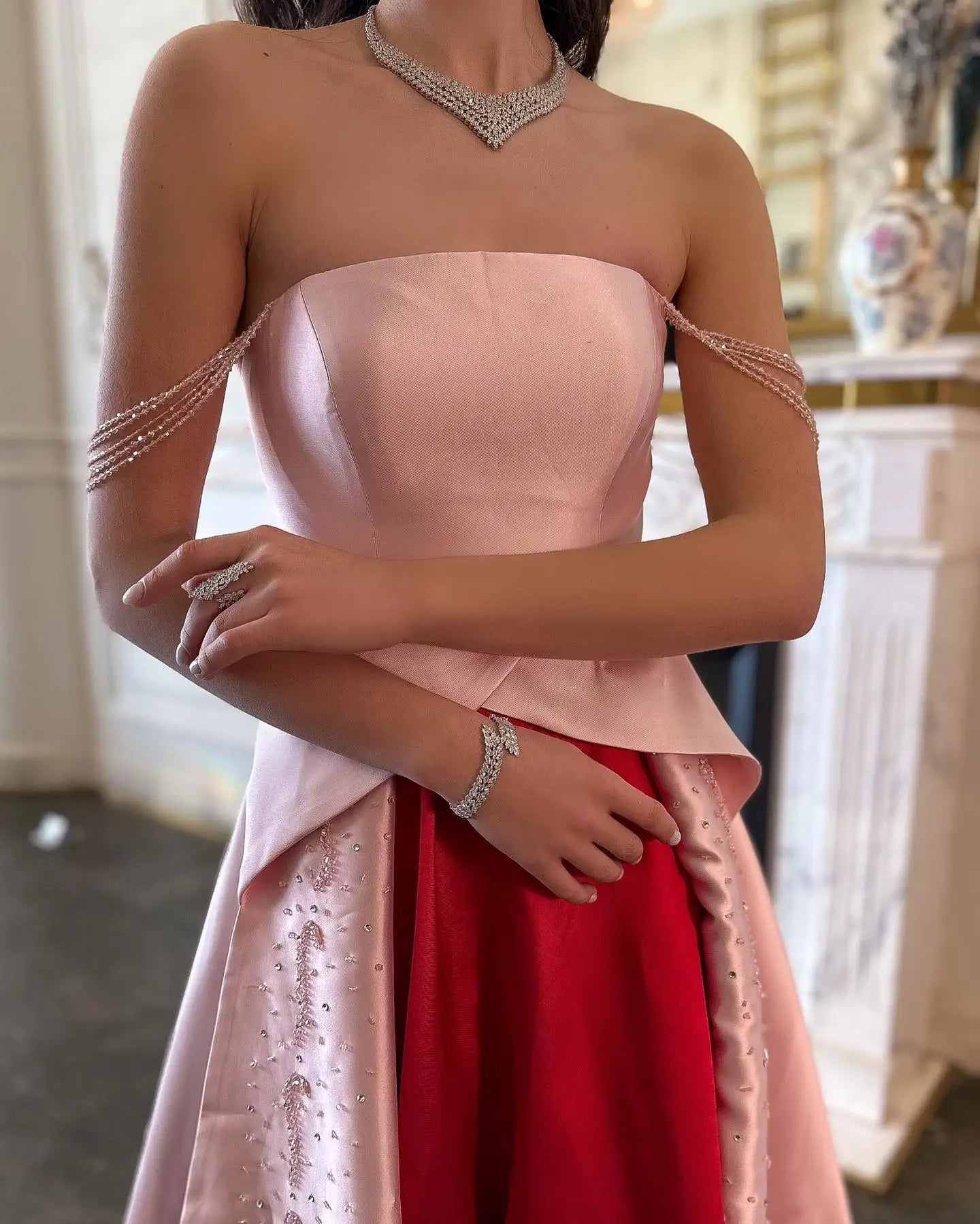 Strapless Pink and Red Two-Tone Evening Gowns