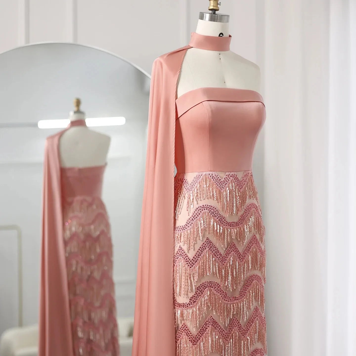 Coral Pink Evening Dress with Tassel Cape