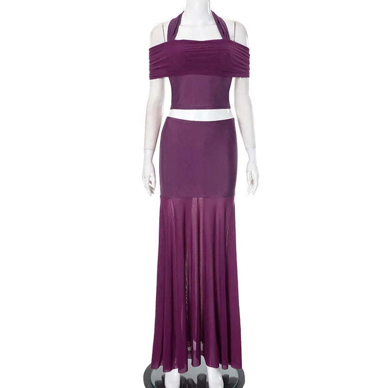 Purple Mesh Two-Piece Set with Sheer Halter Top and Long Skirt