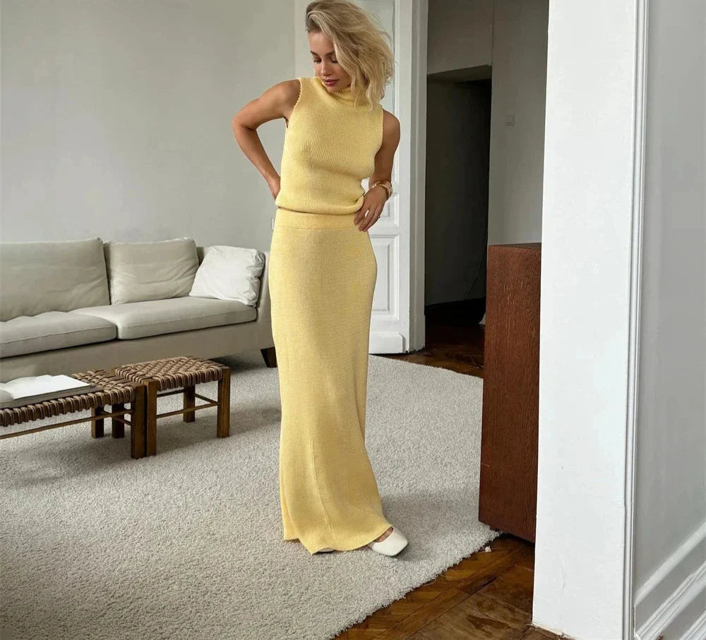 High Neck Knitting Top and Solid Long Skirt Suit