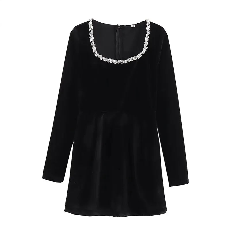 Black Rhinestone Velvet Mini Dress