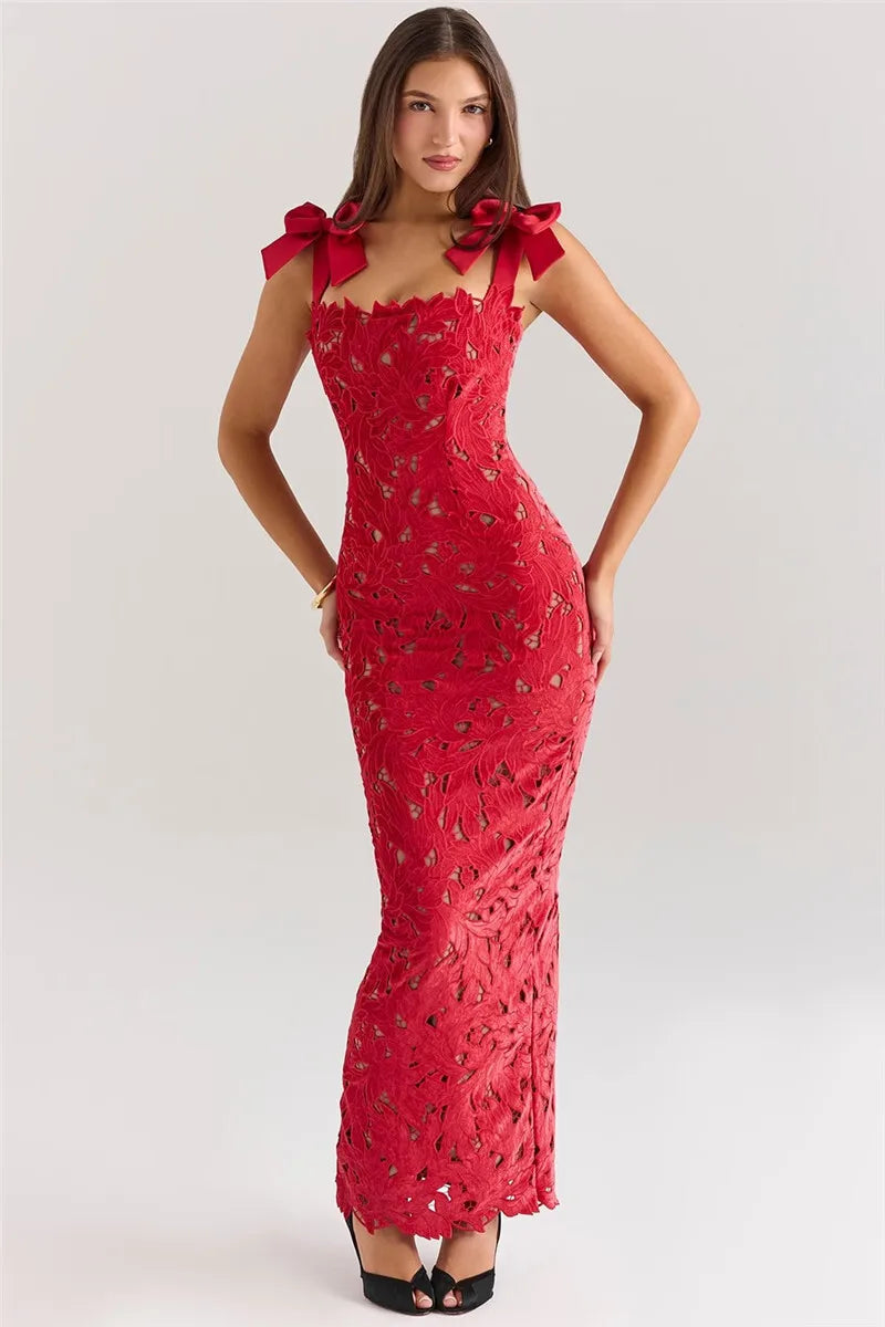 Bows Lace Bodycon Maxi Dress